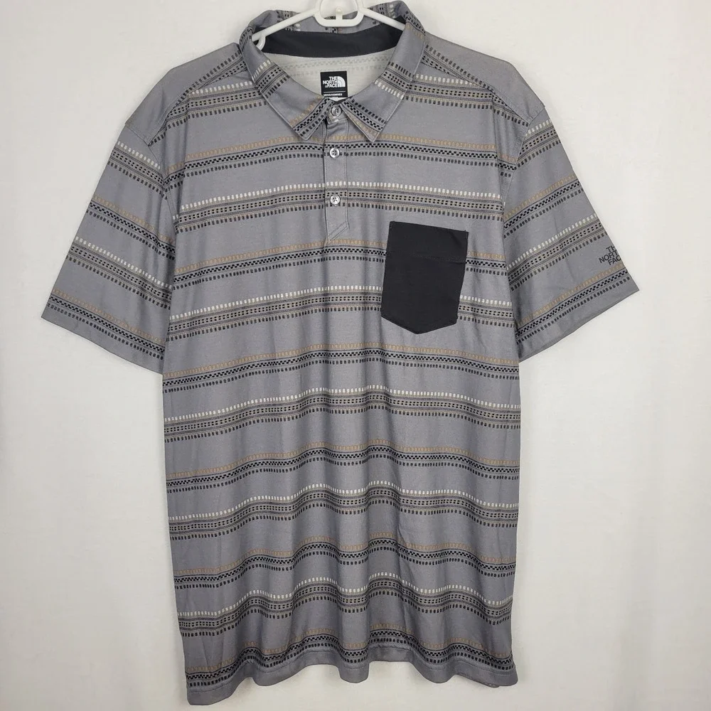 The North Face Men's FlashDry Short Sleeve Polo Shirt Gray Striped Pocket XXL